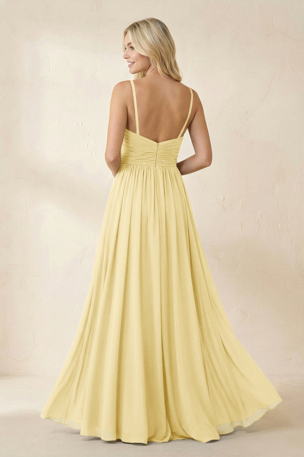 Cami Strap Chiffon A - Line Bridesmaid Dress with Slit in Pastel Yellow - SHE IS ME Bridesmaid Dresses