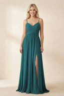 Cami Strap Chiffon A - Line Bridesmaid Dress with Slit in Pine - SHE IS ME Bridesmaid Dresses