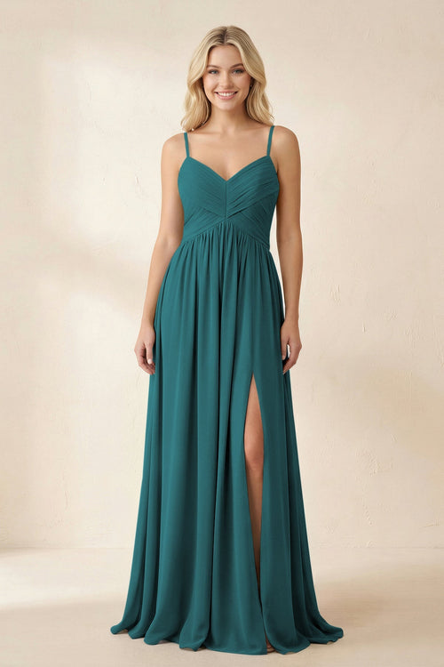 Cami Strap Chiffon A - Line Bridesmaid Dress with Slit in Pine - SHE IS ME Bridesmaid Dresses