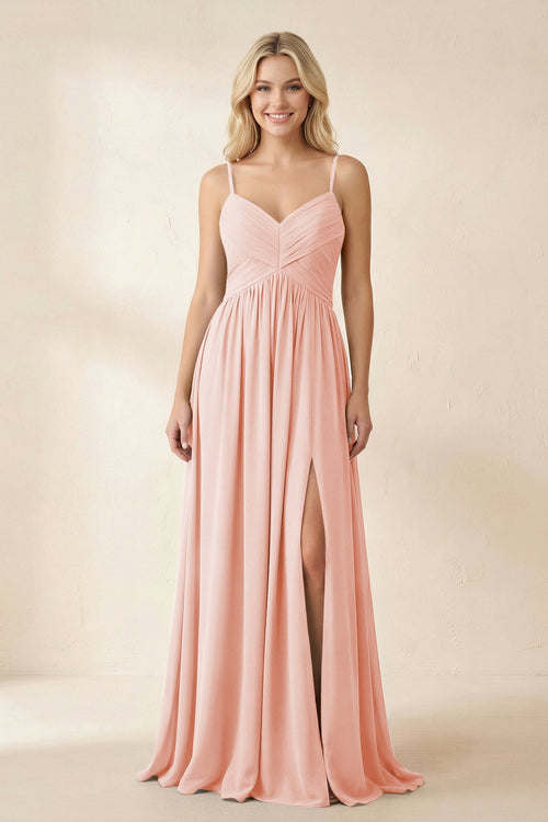 Cami Strap Chiffon A - Line Bridesmaid Dress with Slit in Rose Petal - SHE IS ME Bridesmaid Dresses