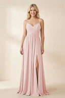 Cami Strap Chiffon A - Line Bridesmaid Dress with Slit in Rose Petal - KISS BRIDAL Bridesmaid Dresses