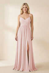 Cami Strap Chiffon A - Line Bridesmaid Dress with Slit in Rose Petal - KISS BRIDAL Bridesmaid Dresses