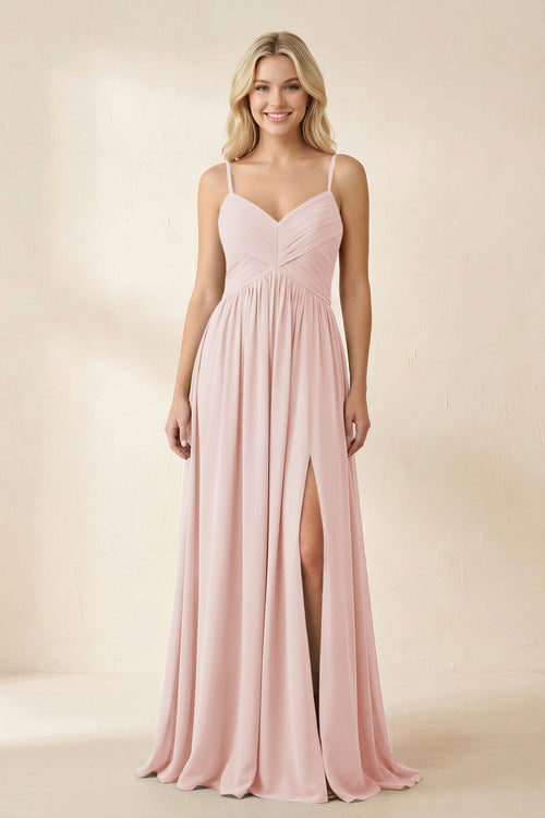 Cami Strap Chiffon A - Line Bridesmaid Dress with Slit in Rose Petal - KISS BRIDAL Bridesmaid Dresses