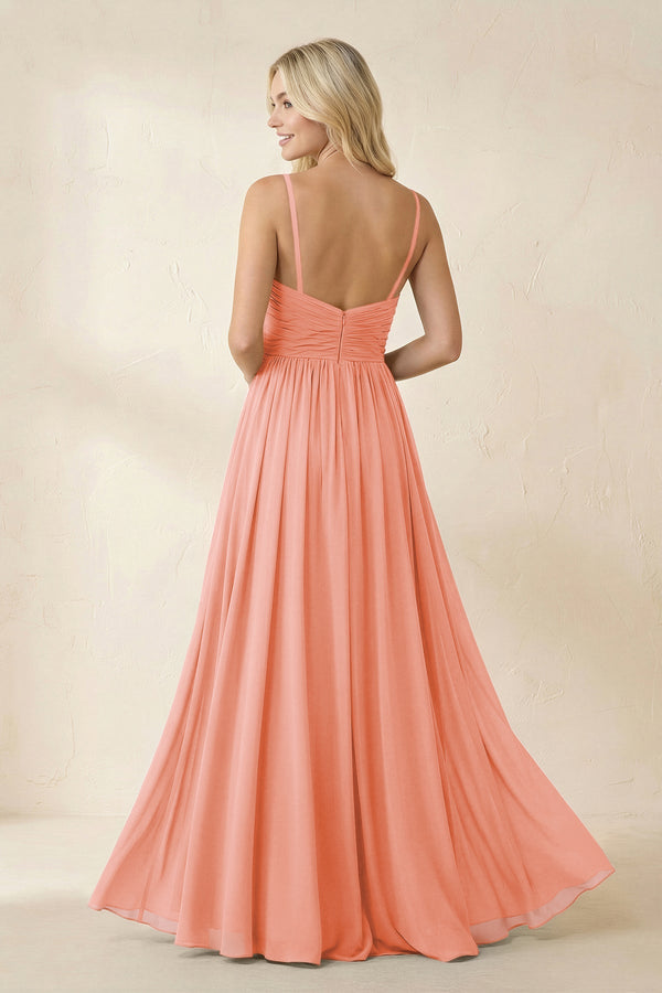 Cami Strap Chiffon A - Line Bridesmaid Dress with Slit in Rosette - SHE IS ME Bridesmaid Dresses