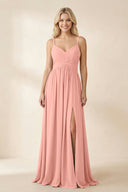 Cami Strap Chiffon A - Line Bridesmaid Dress with Slit in Rosette - KISS BRIDAL Bridesmaid Dresses