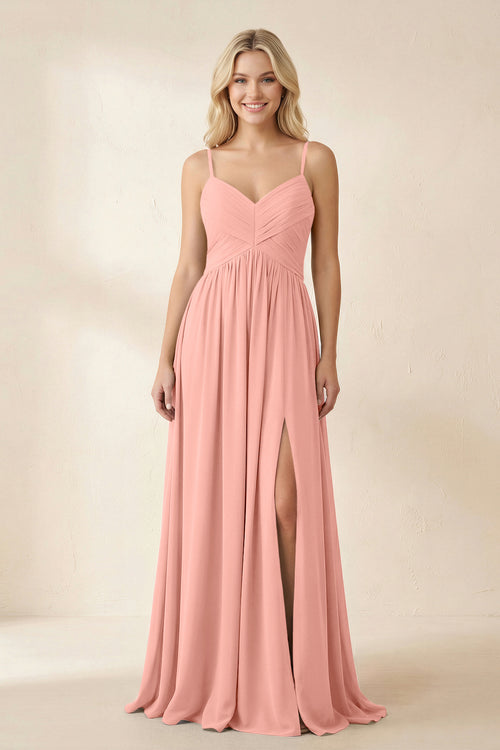 Cami Strap Chiffon A - Line Bridesmaid Dress with Slit in Rosette - KISS BRIDAL Bridesmaid Dresses