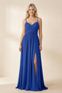 Cami Strap Chiffon A - Line Bridesmaid Dress with Slit in Royal Blue - SHE IS ME Bridesmaid Dresses