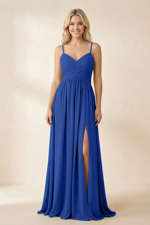 Cami Strap Chiffon A - Line Bridesmaid Dress with Slit in Royal Blue - SHE IS ME Bridesmaid Dresses