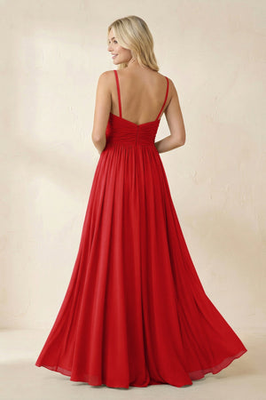 Cami Strap Chiffon A - Line Bridesmaid Dress with Slit in Ruby Red - SHE IS ME Bridesmaid Dresses