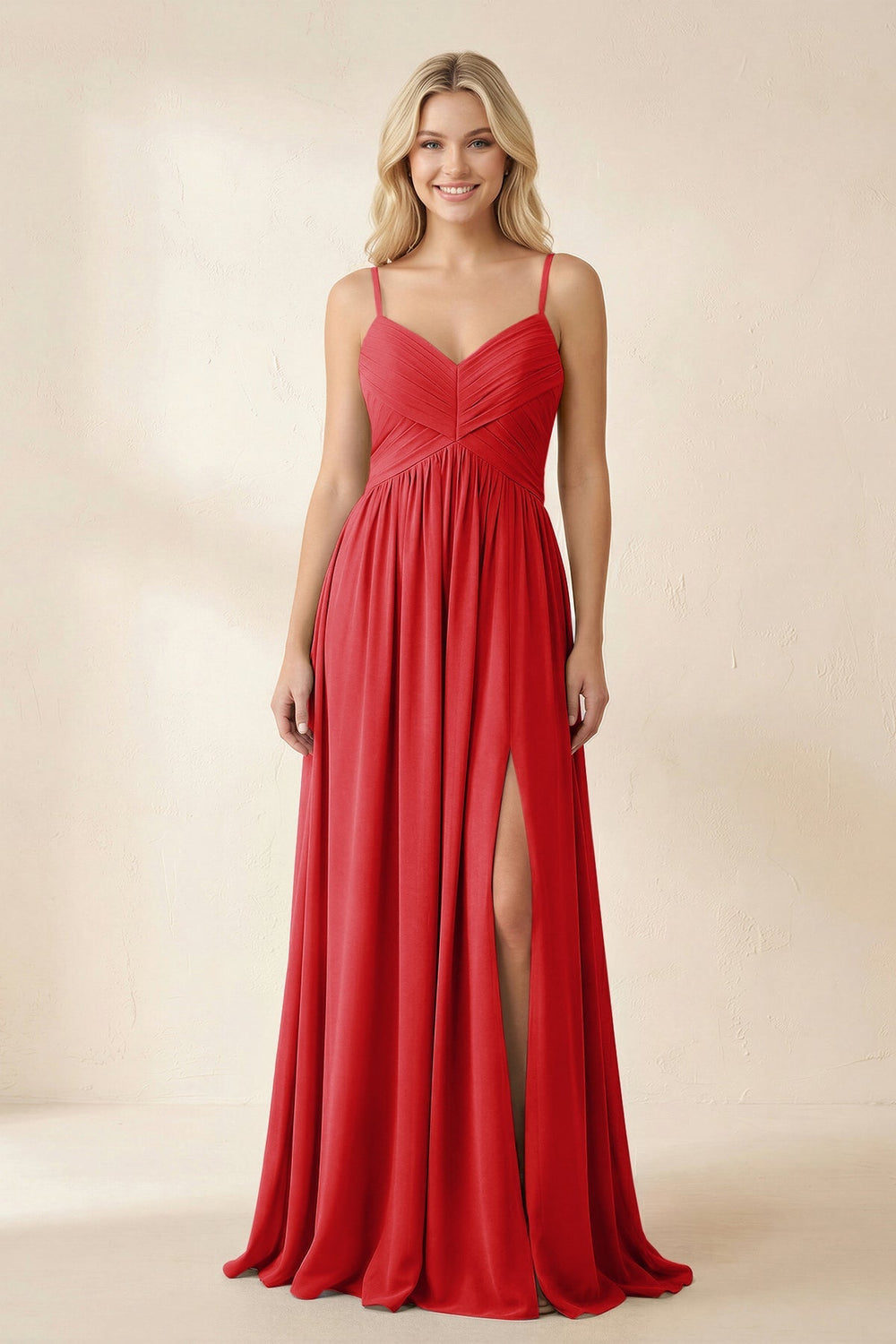 Cami Strap Chiffon A - Line Bridesmaid Dress with Slit in Ruby Red - KISS BRIDAL Bridesmaid Dresses