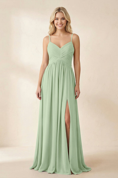 Cami Strap Chiffon A - Line Bridesmaid Dress with Slit in Sage - SHE IS ME Bridesmaid Dresses