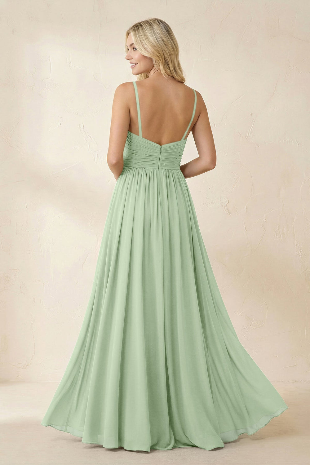 Cami Strap Chiffon A - Line Bridesmaid Dress with Slit in Sage - KISS BRIDAL Bridesmaid Dresses