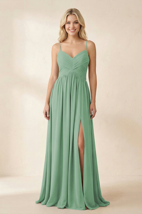 Cami Strap Chiffon A - Line Bridesmaid Dress with Slit in Sea Glass - SHE IS ME Bridesmaid Dresses