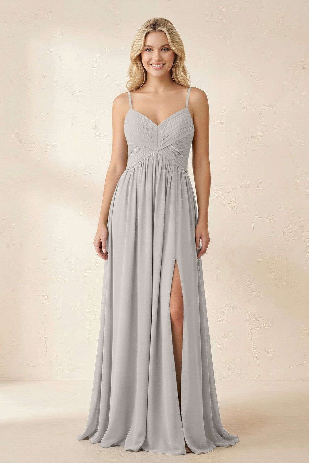 Cami Strap Chiffon A - Line Bridesmaid Dress with Slit in Silver - KISS BRIDAL Bridesmaid Dresses