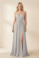 Cami Strap Chiffon A - Line Bridesmaid Dress with Slit in Silver - SHE IS ME Bridesmaid Dresses