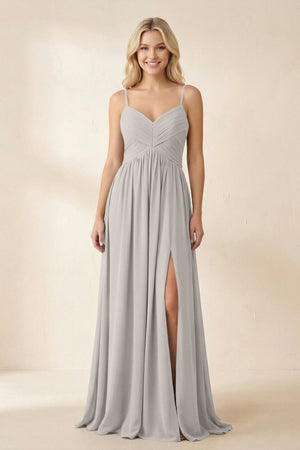 Cami Strap Chiffon A - Line Bridesmaid Dress with Slit in Silver - SHE IS ME Bridesmaid Dresses
