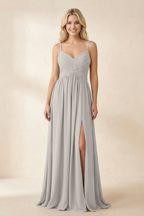 Cami Strap Chiffon A - Line Bridesmaid Dress with Slit in Silver - SHE IS ME Bridesmaid Dresses