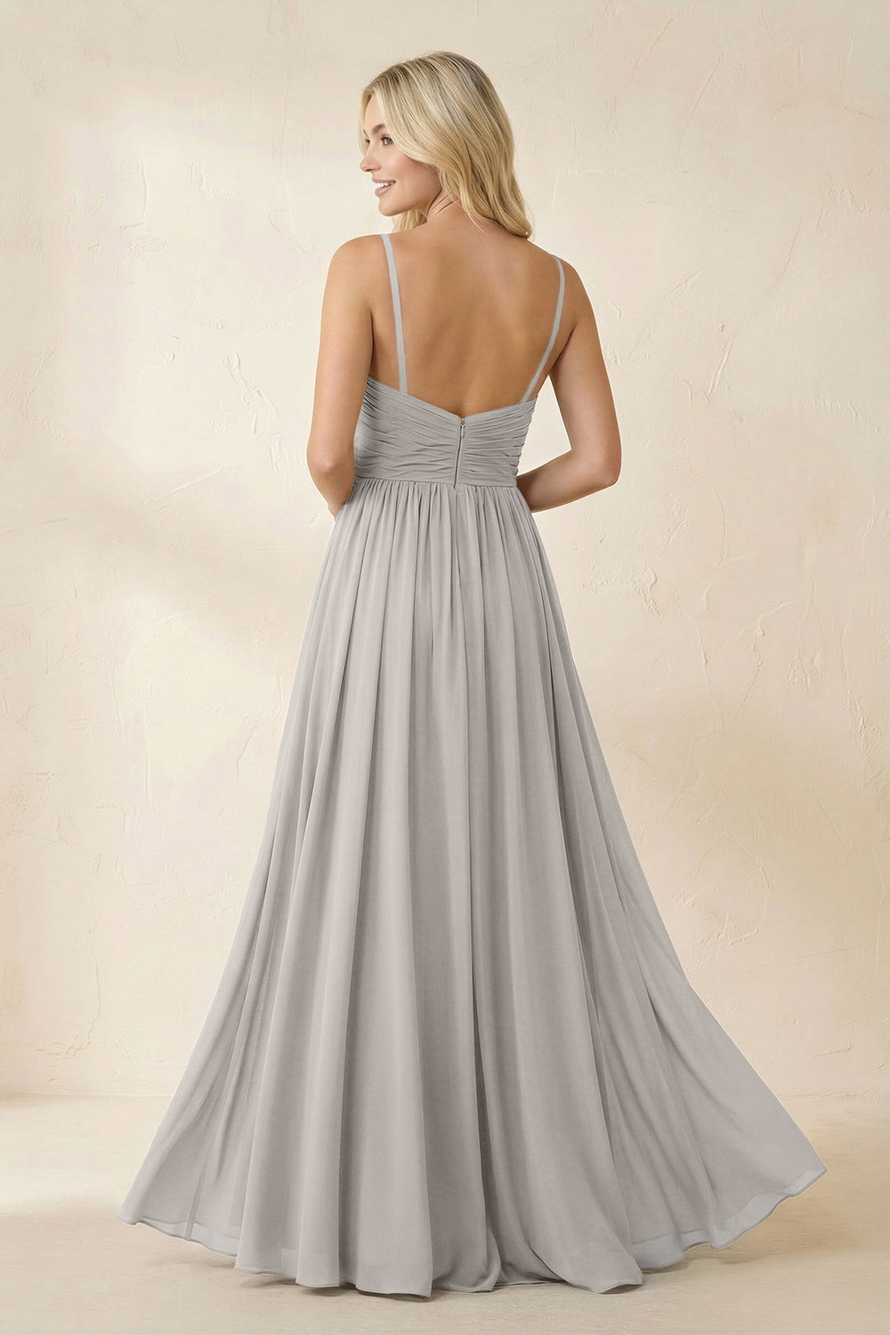 Cami Strap Chiffon A - Line Bridesmaid Dress with Slit in Silver - KISS BRIDAL Bridesmaid Dresses