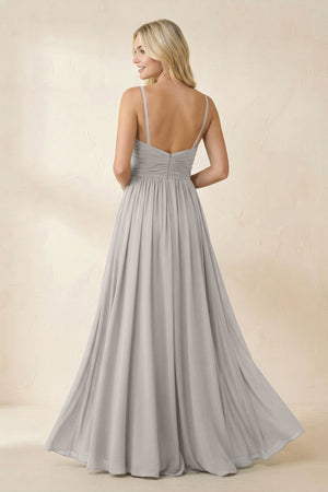 Cami Strap Chiffon A - Line Bridesmaid Dress with Slit in Silver - SHE IS ME Bridesmaid Dresses