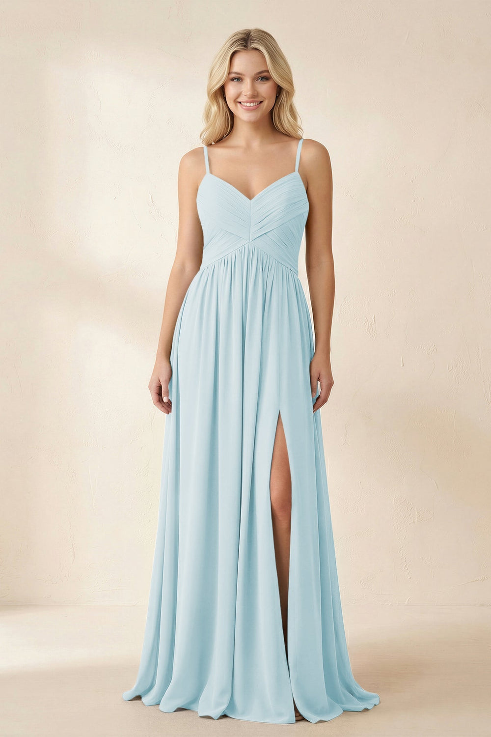 Cami Strap Chiffon A - Line Bridesmaid Dress with Slit in Sky Blue - KISS BRIDAL Bridesmaid Dresses