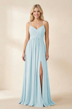 Cami Strap Chiffon A - Line Bridesmaid Dress with Slit in Sky Blue - SHE IS ME Bridesmaid Dresses