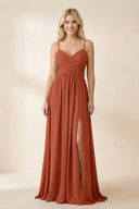 Cami Strap Chiffon A - Line Bridesmaid Dress with Slit in Spice - SHE IS ME Bridesmaid Dresses