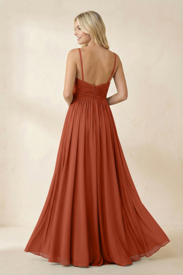 Cami Strap Chiffon A - Line Bridesmaid Dress with Slit in Spice - SHE IS ME Bridesmaid Dresses