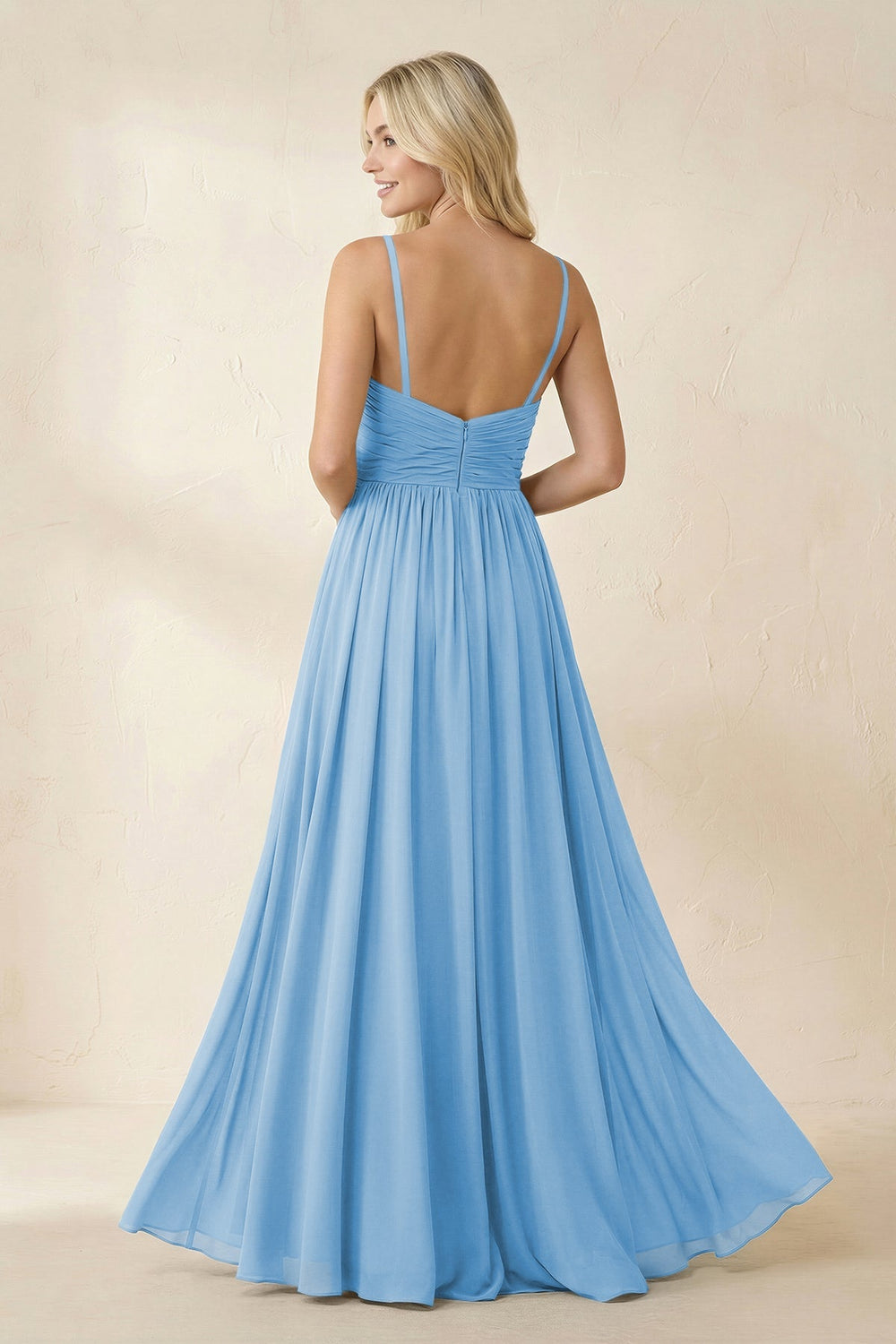 Cami Strap Chiffon A - Line Bridesmaid Dress with Slit in Steel Blue - KISS BRIDAL Bridesmaid Dresses