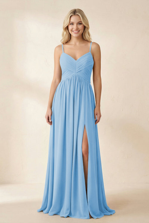 Cami Strap Chiffon A - Line Bridesmaid Dress with Slit in Steel Blue - SHE IS ME Bridesmaid Dresses
