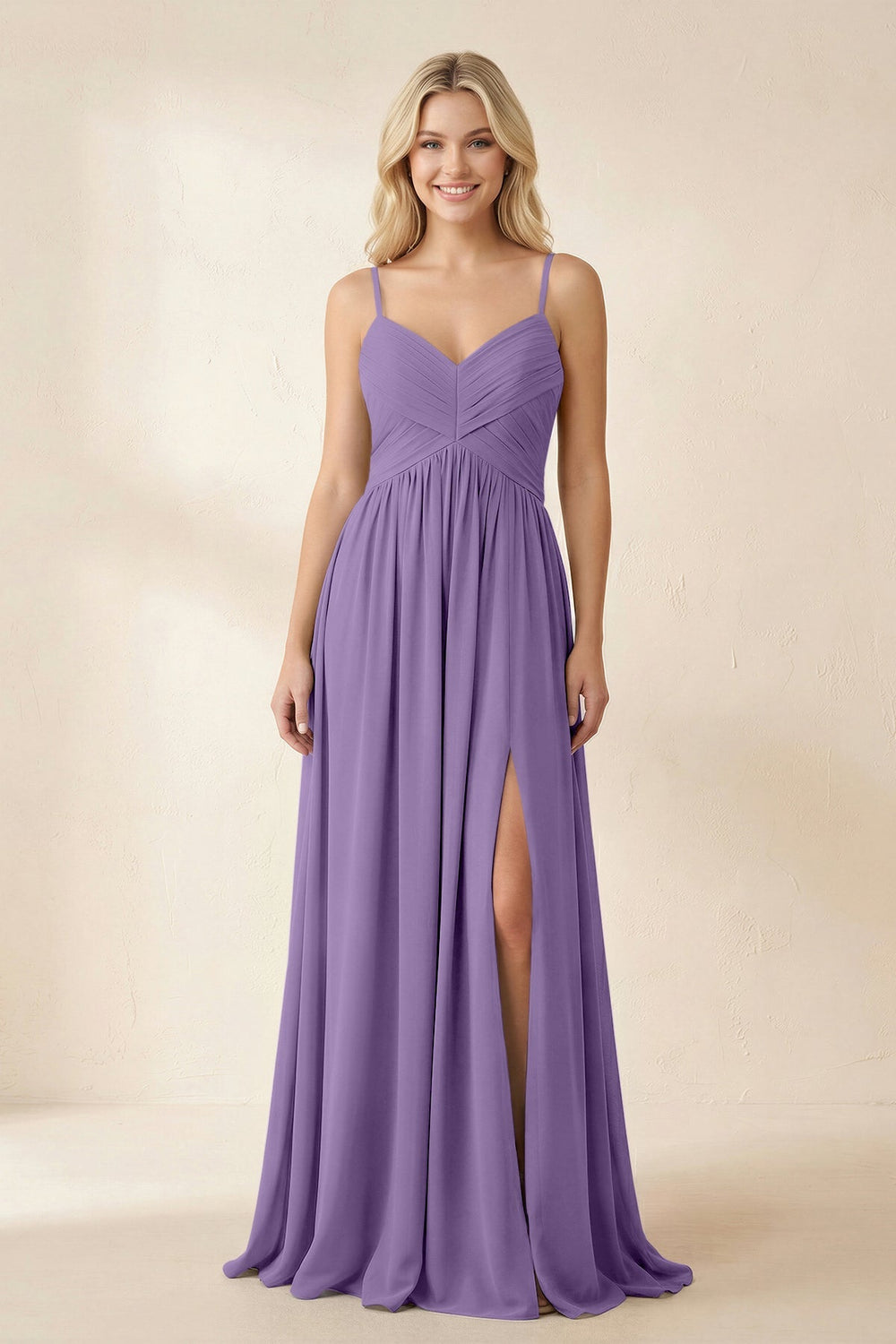 Cami Strap Chiffon A - Line Bridesmaid Dress with Slit in Tahiti - KISS BRIDAL Bridesmaid Dresses