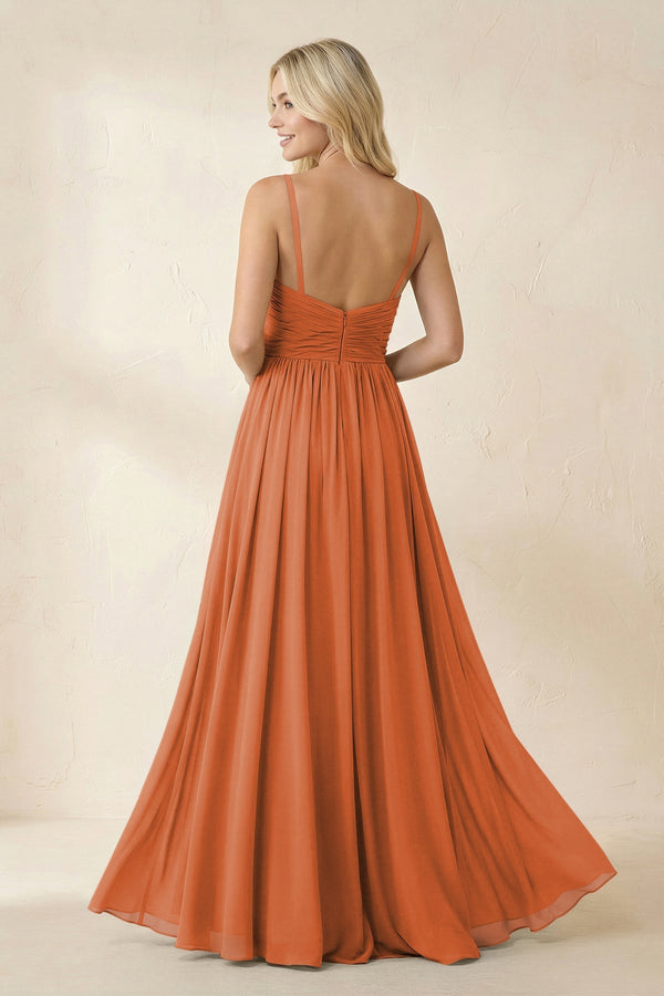 Cami Strap Chiffon A - Line Bridesmaid Dress with Slit in Terracotta - SHE IS ME Bridesmaid Dresses