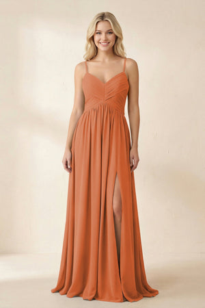 Cami Strap Chiffon A - Line Bridesmaid Dress with Slit in Terracotta - SHE IS ME Bridesmaid Dresses