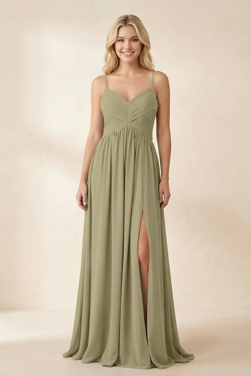Cami Strap Chiffon A - Line Bridesmaid Dress with Slit in Thyme - SHE IS ME Bridesmaid Dresses