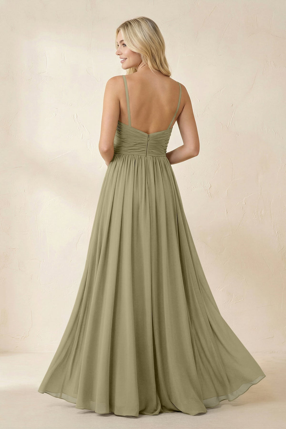 Cami Strap Chiffon A - Line Bridesmaid Dress with Slit in Thyme - KISS BRIDAL Bridesmaid Dresses