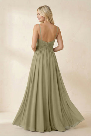 Cami Strap Chiffon A - Line Bridesmaid Dress with Slit in Thyme - SHE IS ME Bridesmaid Dresses