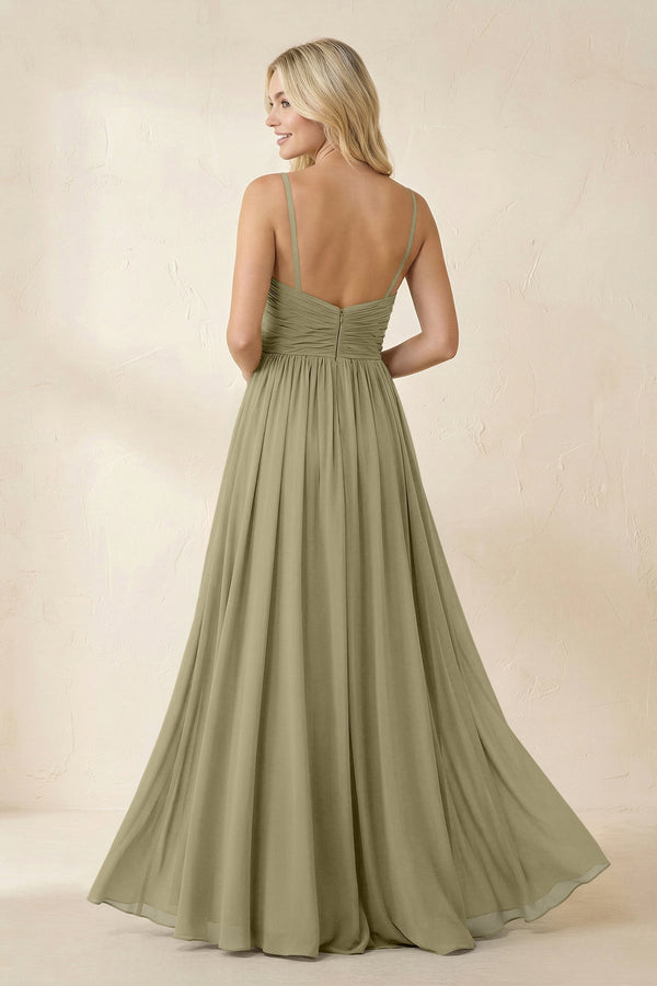 Cami Strap Chiffon A - Line Bridesmaid Dress with Slit in Thyme - SHE IS ME Bridesmaid Dresses