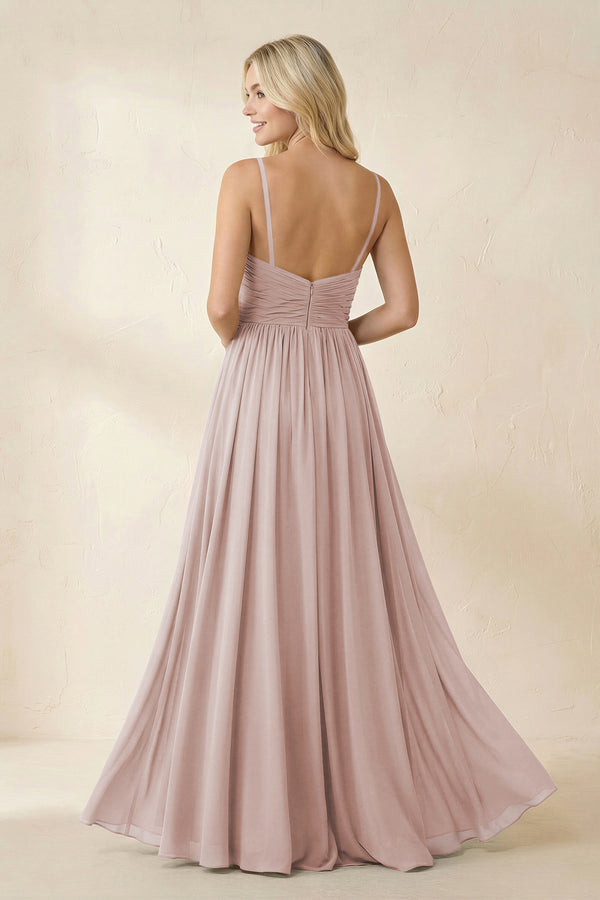Cami Strap Chiffon A-Line Bridesmaid Dress with Slit in Toffee (2) | KISSBRIDAL