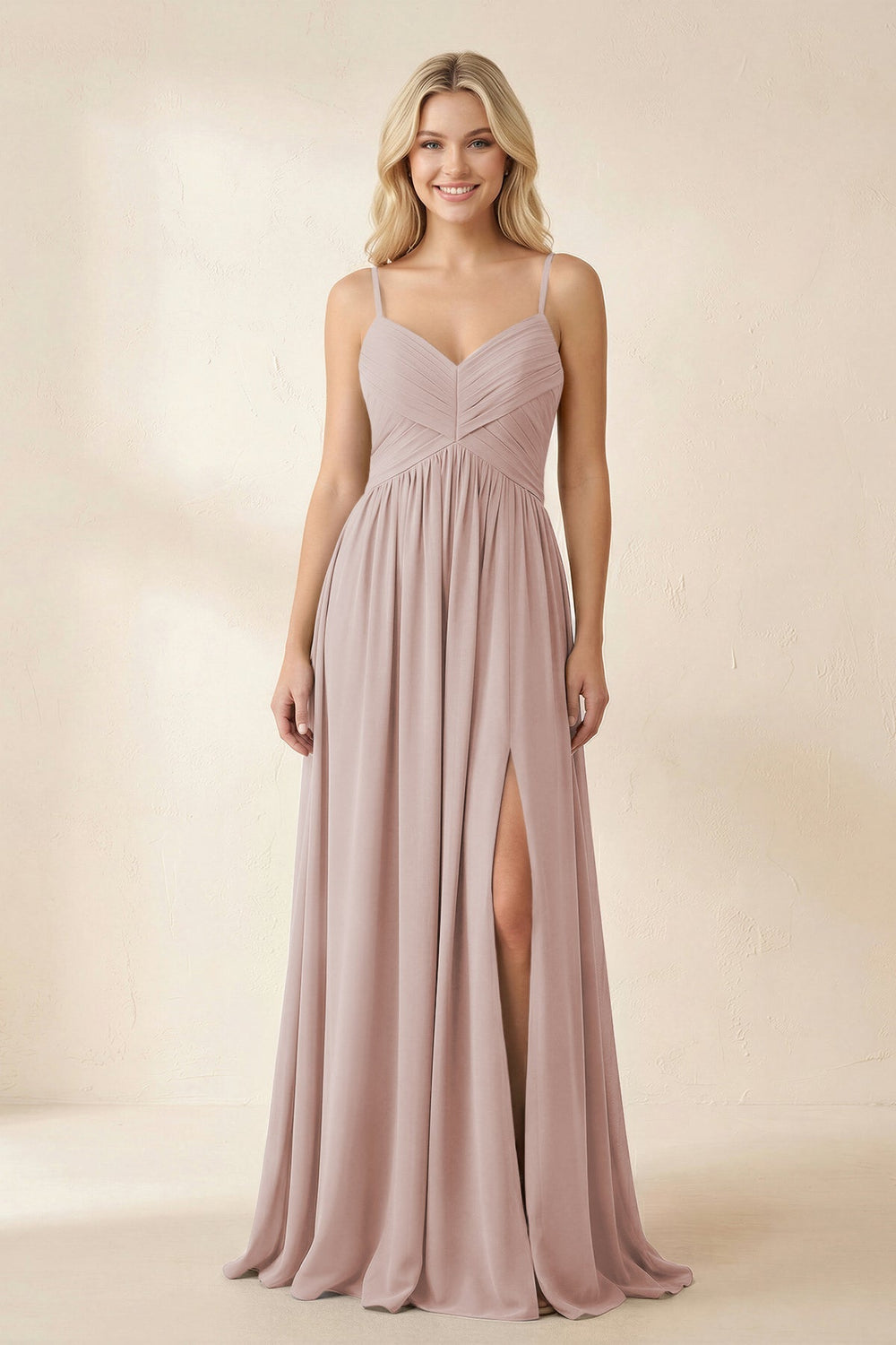 Cami Strap Chiffon A - Line Bridesmaid Dress with Slit in Toffee - KISS BRIDAL Bridesmaid Dresses
