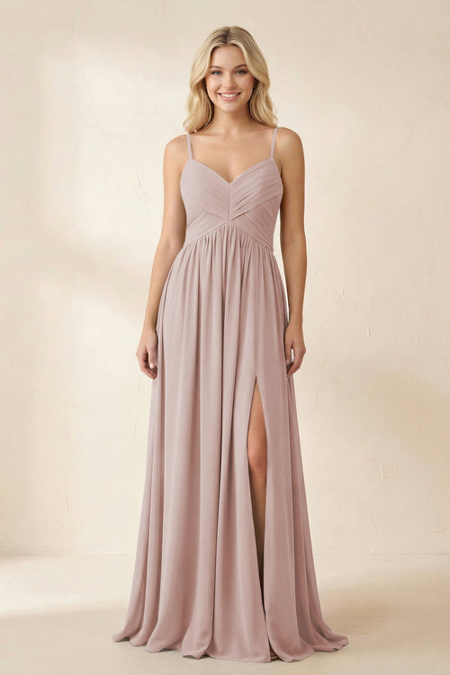 Cami Strap Chiffon A - Line Bridesmaid Dress with Slit in Toffee - SHE IS ME Bridesmaid Dresses