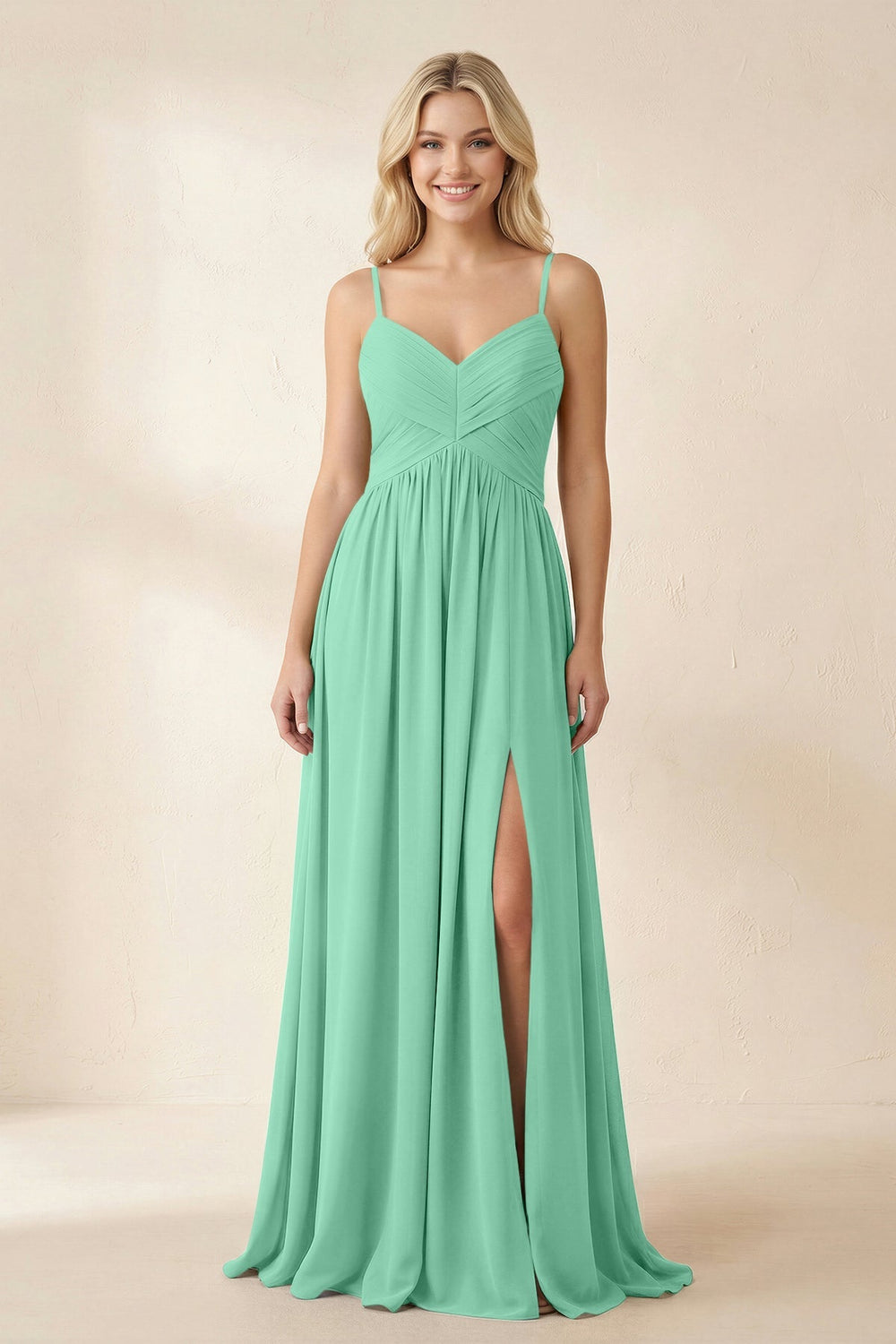 Cami Strap Chiffon A - Line Bridesmaid Dress with Slit in Turquoise - KISS BRIDAL Bridesmaid Dresses