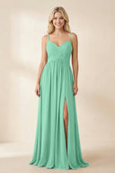 Cami Strap Chiffon A - Line Bridesmaid Dress with Slit in Turquoise - SHE IS ME Bridesmaid Dresses