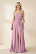 Cami Strap Chiffon A - Line Bridesmaid Dress with Slit in Vintage Mauve - SHE IS ME Bridesmaid Dresses