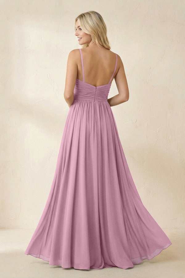 Cami Strap Chiffon A - Line Bridesmaid Dress with Slit in Vintage Mauve - SHE IS ME Bridesmaid Dresses