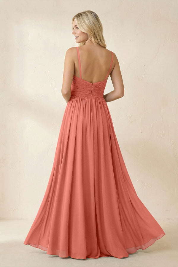 Cami Strap Chiffon A - Line Bridesmaid Dress with Slit in Wild Rose - SHE IS ME Bridesmaid Dresses