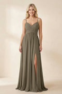 Cami Strap Chiffon A - Line Bridesmaid Dress with Slit in Willow Green - SHE IS ME Bridesmaid Dresses