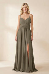 Cami Strap Chiffon A - Line Bridesmaid Dress with Slit in Willow Green - KISS BRIDAL Bridesmaid Dresses