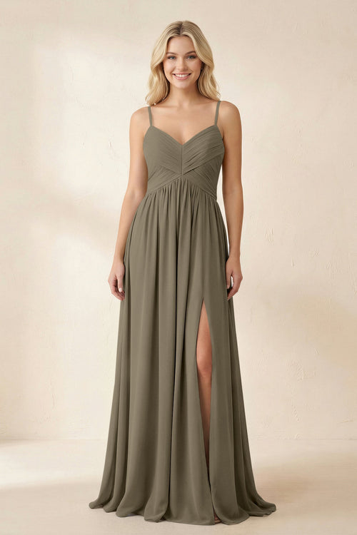 Cami Strap Chiffon A - Line Bridesmaid Dress with Slit in Willow Green - SHE IS ME Bridesmaid Dresses