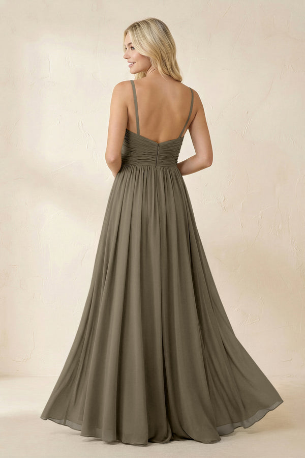Cami Strap Chiffon A - Line Bridesmaid Dress with Slit in Willow Green - SHE IS ME Bridesmaid Dresses