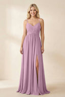 Cami Strap Chiffon A - Line Bridesmaid Dress with Slit in Wisteria - SHE IS ME Bridesmaid Dresses