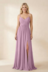 Cami Strap Chiffon A - Line Bridesmaid Dress with Slit in Wisteria - KISS BRIDAL Bridesmaid Dresses